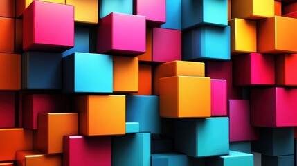 Colorful arrangement of 3D blocks in vibrant shades of blue, pink, orange, and yellow, creating a dynamic visual composition.