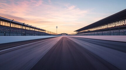 Sunset View of an Empty Race Track at a Famous Motorsports Venue with Grandstands Under a Colorful Sky