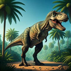 Tyrannosaurus rex with prehistoric landscape. High quality image. Ai generated.