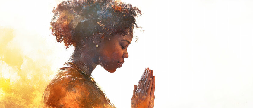 A woman with curly hair engaged in heartfelt prayer, captured in a watercolor style with a double exposure effect, on a bright background - Powered by Adobe
