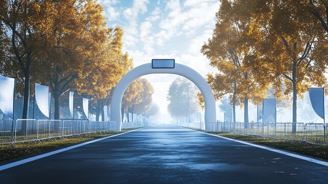 Serene Autumn Landscape Showcasing Empty Road Under An Archway Surrounded By Lush Trees, Inviting Atmosphere For Events, Races, Or Celebrations