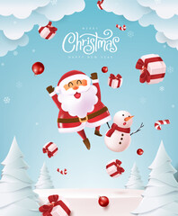 Merry christmas and happy new year greeting card with cute funny Santa Claus and Cute snowman in winter christmas landscape snow falling and alot of gift box