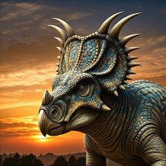 Dinosaurus rex with prehistoric landscape. High quality image. Ai generated.