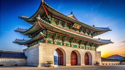 Fototapeta premium Gwanghwamun Gate, bathed in vibrant blue sky, a stunning AI photo.
