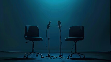 Two Chairs and Microphones in a Blue Studio