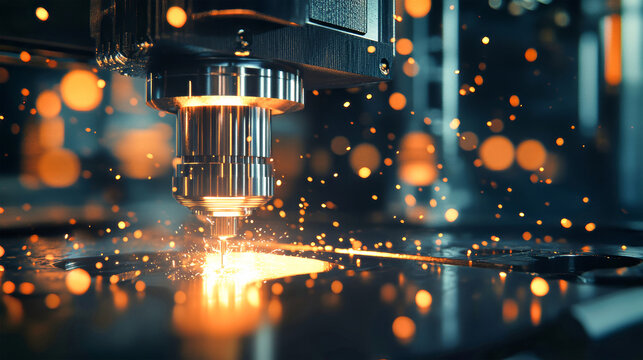 Close-up of a vertical CNC router cutting a metal part, creating sparks and lens flares in a modern industrial factory setting