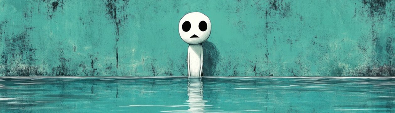 A small, white figure with a sad expression stands in shallow water against a teal wall.