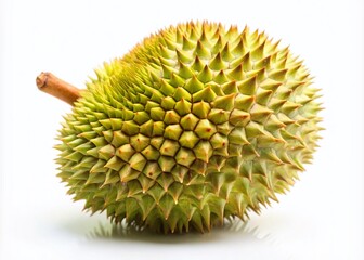 Isolated durian, tilt-shift, white backdrop, photorealistic fruit.