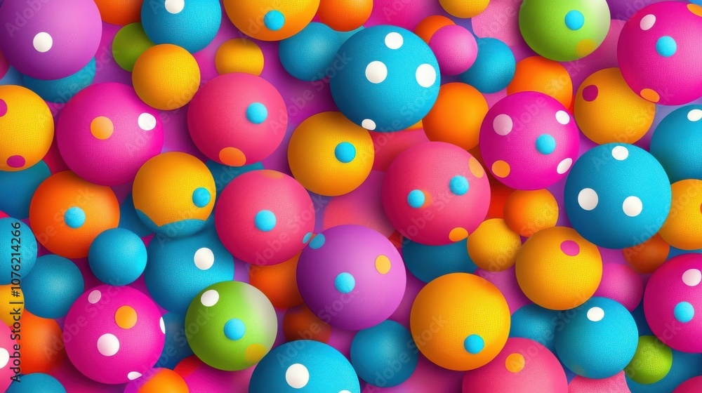 Poster a vibrant array of colorful polka-dotted balls in various sizes, creating a playful and cheerful atm