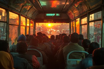 A bus is driving down a street with a sunset in the background