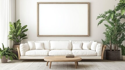 Modern Living Room with White Sofa, Wooden Table, and Indoor Plants Surrounded by Natural Light Featuring Blank Canvas for Art Display
