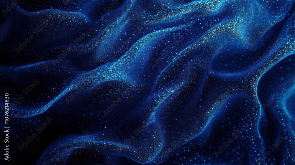 Poster abstract deep blue waves with sparkling particles creating a mystical underwater effect.