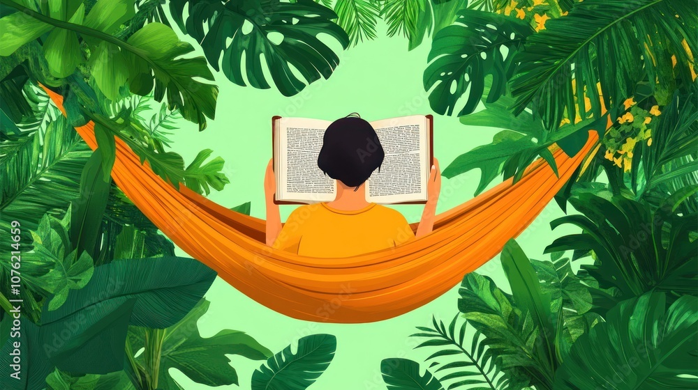 Aufkleber a person reading a book while relaxing in a hammock surrounded by lush greenery.