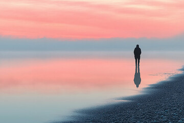 A lone person standing at the shore, watching the sunset over the horizon, with soft orange and pink hues reflecting on the water. A peaceful and serene moment.