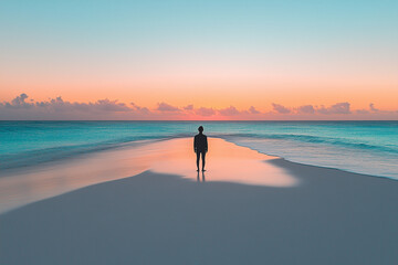 Fototapeta premium A lone person standing at the shore, watching the sunset over the horizon, with soft orange and pink hues reflecting on the water. A peaceful and serene moment.