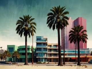 Obraz premium Pop Art Skyline with Palm Trees in Watercolor