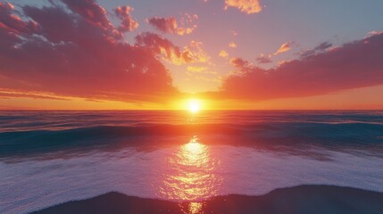 A breathtaking sunset over a serene ocean, with vibrant hues of orange, pink, and purple filling the sky.
