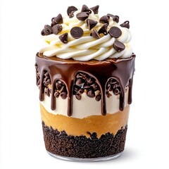 A photostock of a layered chocolate and cream parfait with chocolate chips, perfect for dessert or indulgent themes, isolated on transparent PNG background, High Quality