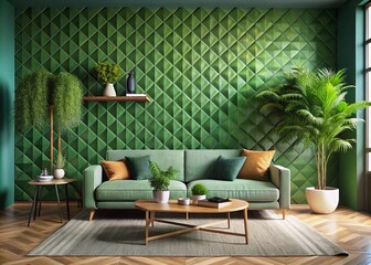 Fototapeta premium Modern living room design with a vibrant, textured green wall.