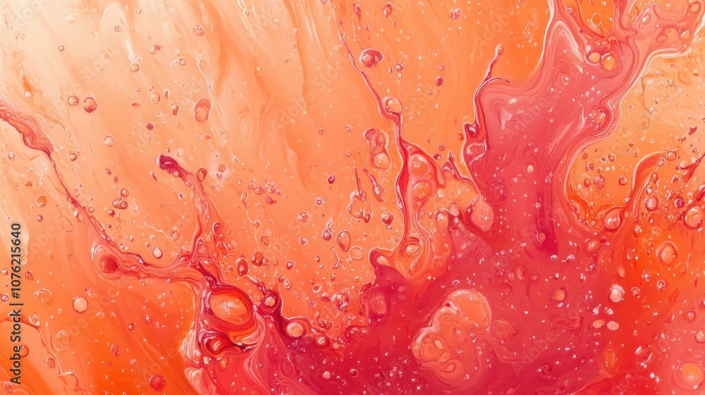 Poster vibrant orange and red abstract splash with bubbles creating a lively and dynamic composition.
