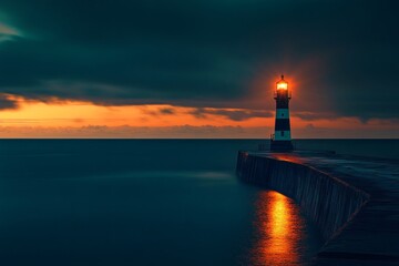 Fototapeta premium A stunning lighthouse stands tall against a dramatic sky. The warm glow of its light pierces the darkening clouds. A serene moment by the sea at sunset. Generative AI