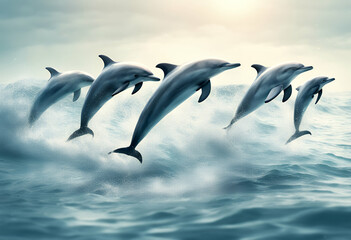 waves watercolor playful out illustration group bodies leaping ocean clipart sleek dolphins