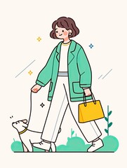 Fototapeta premium Cute Icon of a Girl Walking a Dog with Leash in Flat Style, Featuring Soft Colors and Minimal, Clean Lines