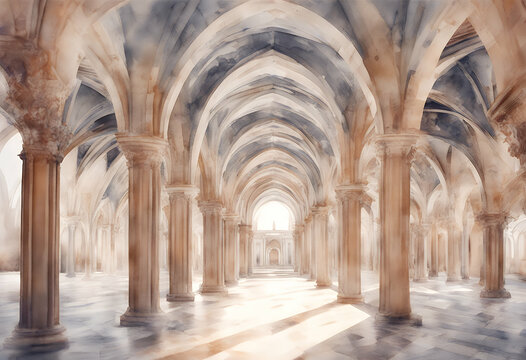 design monastery watercolor geometric columns arches featuring alian framework
