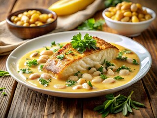 Pan-seared fish, tilted for visual drama, atop creamy white beans.