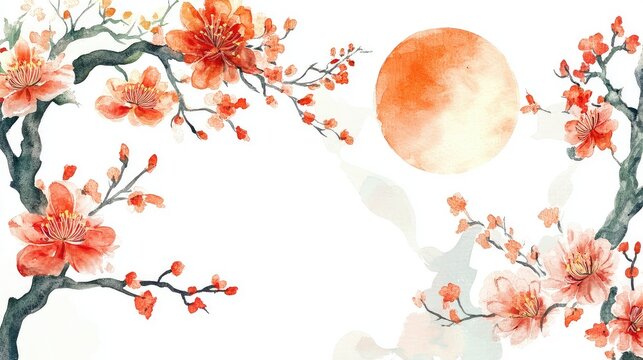 watercolor chinese new year frame or boder with chinese decoration, realistic style, bright colors, isolated on white background.