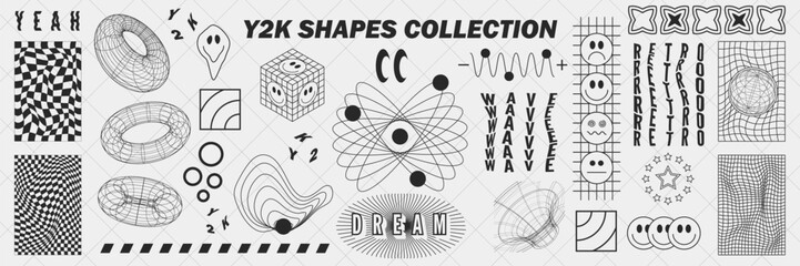 Abstract geometry wireframe shapes and patterns, cyberpunk elements, signs and perspective grids. Surreal geometric retro signs. Rave psychedelic futuristic Y2k acid aesthetic set. Vector illustration