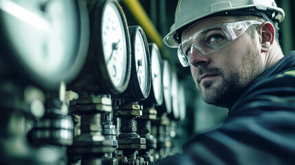 Engineer inspecting analog gauges at a gas plant while ensuring equipment functionality and safety measures