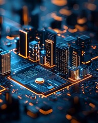 Futuristic cityscape emerging from a circuit board with glowing elements.