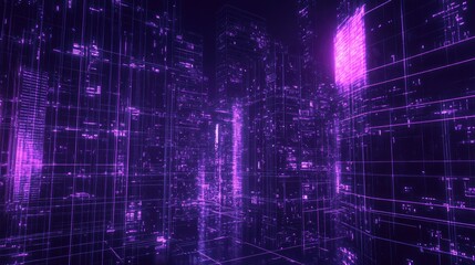 Futuristic Digital Cityscape with Neon Lights and Grid Pattern, Featuring Abstract Architecture and Technological Vibes in a Nighttime Setting