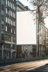 Obraz premium Urban Street with Large Blank Billboard for Advertising in Early Morning Sunlight