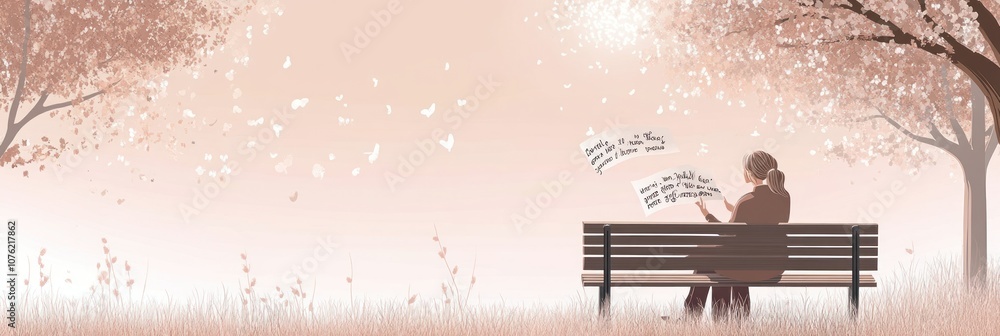 Poster a serene scene of a person reading on a bench surrounded by trees and gentle falling leaves.