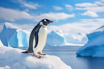 Naklejka premium A penguin stands on the snow among the glaciers.