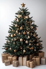 Decorated Christmas Tree with Gold Ornaments and Presents