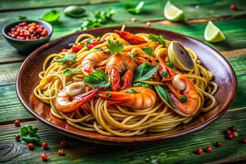 Spicy Seafood Spaghetti - Low Light Green Plate - Wooden Background - AI Photo