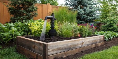 In a backyard environment, a garden pump is paired with a wooden planter box that contains soil and various plants. This setup emphasizes lawn watering, grass care, and landscape design.