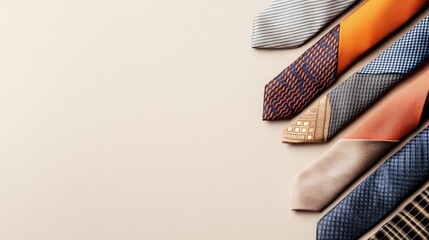 Elegant mens neckties arranged on a plain light grey background, emphasizing the refined style and craftsmanship of each necktie, perfect for various formal occasions with copy space available.