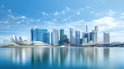 Naklejka premium Modern Cityscape of Singapore with Iconic Architecture and Smart City Technology, Showcasing Urban Development and Connectivity in Bright Blue Sky