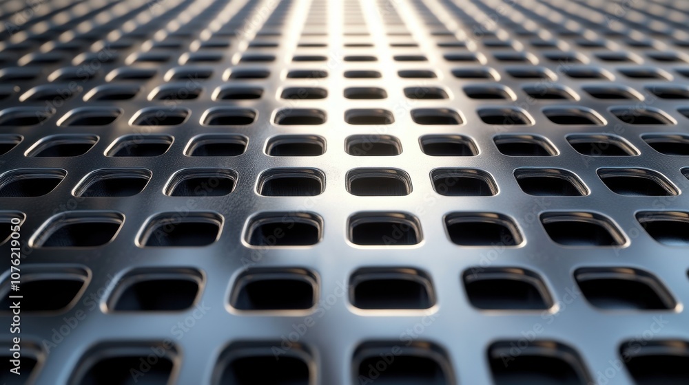 Poster close-up of a metallic grid pattern, showcasing shiny squares and depth perception under soft lighti