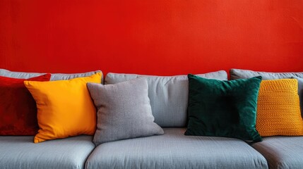 Modern interior design featuring a grey sofa adorned with various pillows, set against a vibrant red wall, offers a stylish ambiance. This photo captures the essence of contemporary living.
