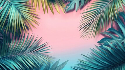 A vibrant display of tropical palm leaves framing a soft pink and blue gradient background.