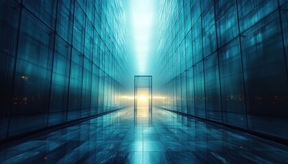 Glass Corridor with a Doorway to a Bright Light