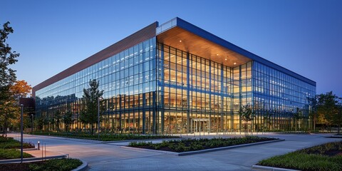 Modern Glass Office Building with Landscaped Courtyard at Dusk