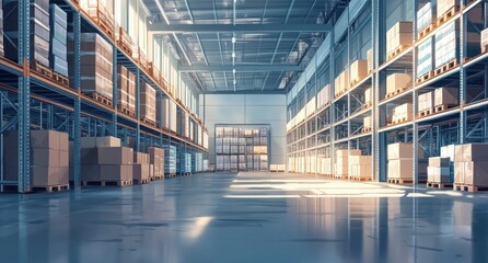 Obraz premium Spacious Warehouse Interior with Rows of Shelves