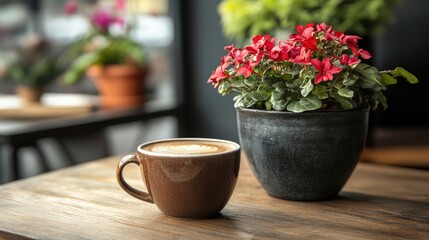 Coffee cup resting on a wooden table alongside a beautifully arranged flower pot, creating an inviting atmosphere perfect for cozy moments with coffee. Ample copy space included.