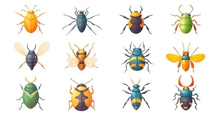 A cartoon set of bug icons, featuring different insects designed for web use, isolated on a white background.